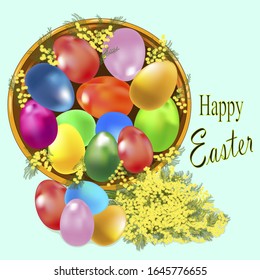 Easter egg. Beautiful, glossy, colorful spring eggs in a basket .Mimosa flowers. Vector
