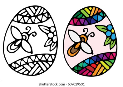 Easter egg with bee and flower with ornate pattern for coloring book for adult and design elements. Can be used for card, invitation, posters, texture backgrounds, placards, banners.