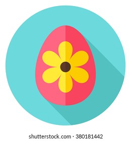Easter Egg with Big Flower Decor Circle. Flat Design Vector Illustration with Long Shadow. Spring Christian Holiday Symbol.
