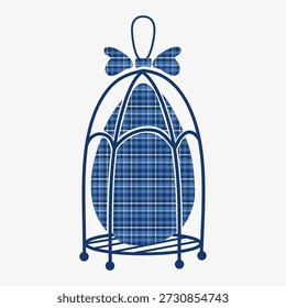Easter egg in bird cage, checkered bow silhouette, graphic template. Hand drawn vector illustration. For spring and seasonal designs, greeting cards, travel magazines, garden goods, nature clip arts.