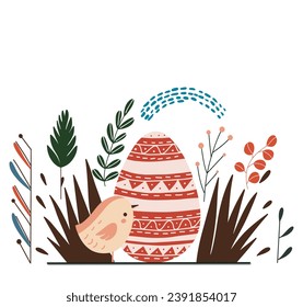 Easter egg and bird with leaves. Cute hand drawn illustration with eggs and flowers. Greeting card, easter holiday background 