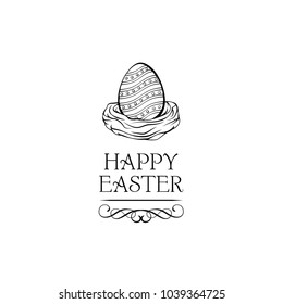 Easter egg in bird nest. Happy Easter greeting card. Ornate frames, flourish elements. Vector illustration.