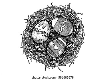 Easter egg, bird nest, illustration, drawing, engraving, vector