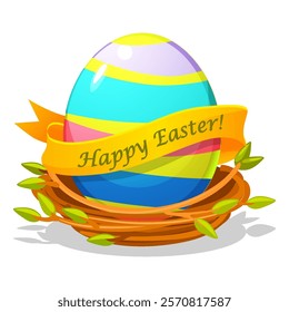 Easter egg in bird nest for your greeting card, stickers, invitations and many other designs. Vector illustration in flat cartoon style