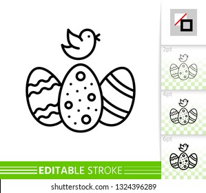 Easter Egg And Bird Thin Line Icon. Holiday Poster. Spring Banner In Flat Style. Simple Illustration, Outline Symbol. Linear Pictogram. Vector Sign Isolated On White. Editable Stroke Icon Without Fill