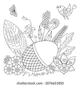 Easter egg, bird, wild plants and flowers on a white background. Anti-stress coloring book for children and adults. Decorative element for design