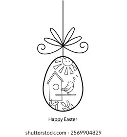 Easter egg. Birdhouse and bird. Design element for card. Outline illustration isolated on white background. 