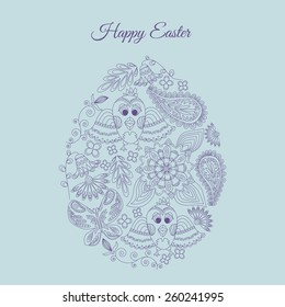 Easter egg with birds, flowers on the blue background