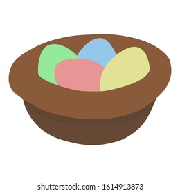 Easter egg in bird's nest, flat vector icon, isolated on white background, organic theme style. Eco friendly. Traditional celebration. Ostara holiday