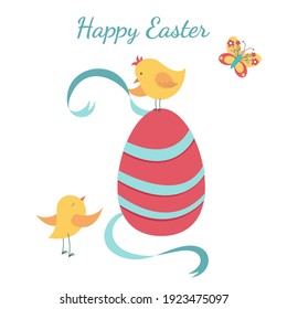 Easter egg with birds and red ribbon on a white background. Holiday design collection for banner, invitation, poster. Happy Easter. Vector illustration 