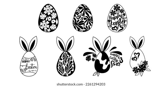 Easter egg black set isolated. Outline simple vector illustration. Egg with flower and bunny ears