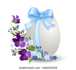 Easter egg with a blue ribbon bow, spring flowers violets and forget-me-not,
Easter card for Easter greetings,
Vector illustration isolated on white background
