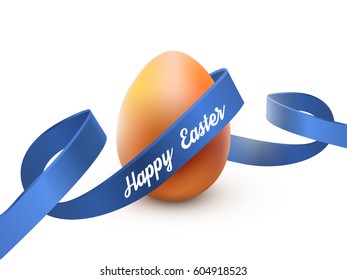 Easter egg with blue ribbon, isolated on white. Poster or brochure template. Vector illustration EPS 10