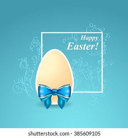 Easter egg with blue ribbon on blue background