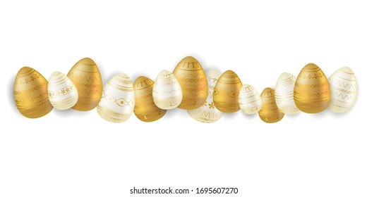 Easter egg. Border with realistic eggs with golden ornament. Easter collection. Vector illustration for banner