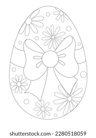 Easter egg with a bow and flower for coloring on isolated white background. Coloring book for children. Pattern for greeting card. Vector Illustration EPS10