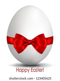 Easter egg with bow. Easter greetings card with egg and red ribbon. Vector image. Happy Easter