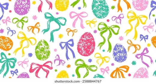 Easter egg and bow pattern. Kid crayon seamless background. Cute vector. Happy Easter holiday bg. Spring doodle decoration with rainbow bow, ribbon, flower, egg. Child chalk crayon seamless graphic
