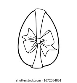 Easter egg with a bow-Doodle style . A black-and-white image isolated on a white background.Festive egg with a ribbon.Coloring.Outline drawing by hand.For postcards, decorations for Easter.Vector 