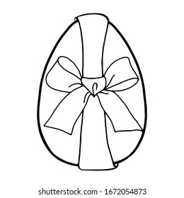 Easter egg with a bow-Doodle style . A black-and-white image isolated on a white background.Festive egg with a ribbon.Coloring.Outline drawing by hand.For postcards, decorations for Easter.Vector 