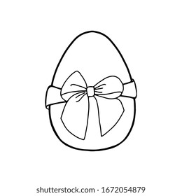 Easter egg with a bow-Doodle style . A black-and-white image isolated on a white background.Festive egg with a ribbon.Coloring.Outline drawing by hand.For postcards, decorations for Easter.Vector 