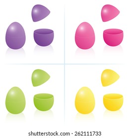 Easter egg boxes, closed and opened to be filled - in the four bright spring colors purple, pink, green and yellow. Three-dimensional isolated vector illustration on white background.