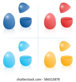 Easter egg boxes, closed and opened to be filled - dark and light blue, red and orange. Three-dimensional isolated vector illustration on white background.