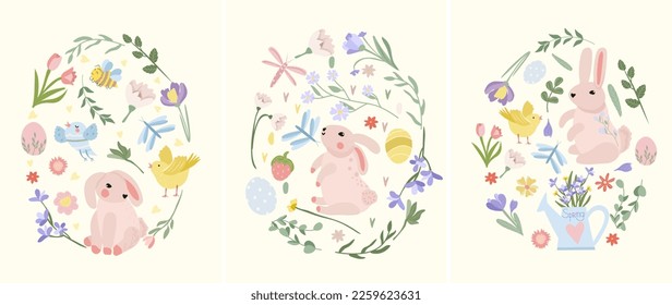 Huevo de Pascua de flores brillantes, huevos, conejo lindo, pollos. Flores de primavera. Concepto de vacaciones, alegría, felicidad. Ideal para carteles, tarjetas, carteles, pegatinas. Ilustración del vector