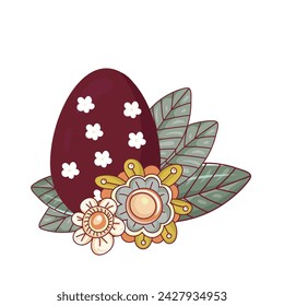 Easter egg of bright flowers and leaves, isolated on a white background. This Easter egg is decorated with hearts. Hand-drawn. Vector illustration.