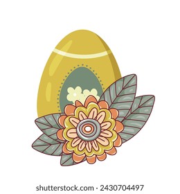 Easter egg of bright flowers and leaves, isolated on a white background. This Easter egg is decorated with hearts. Hand-drawn. Vector illustration.