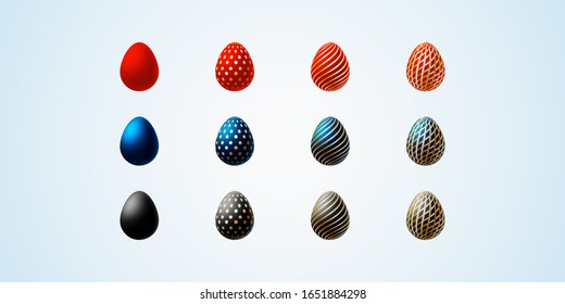 Easter egg Bright modern painted luxury eggs for Easter Set of dark elegant colored egg with different graphic pattern on a light background Spring Easter sale card design element Vector icon art