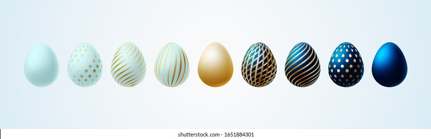 Easter egg Bright modern painted luxury egg for Easter Set of turquoise blue gold elegant colored egg with different pattern on a light background Spring Easter sale card design element Vector icon