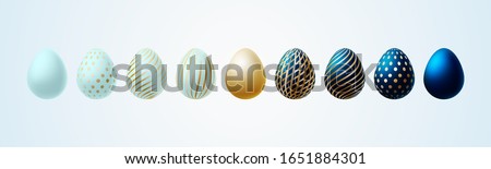 Easter egg Bright modern painted luxury egg for Easter Set of turquoise blue gold elegant colored egg with different pattern on a light background Spring Easter sale card design element Vector icon