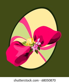 Easter egg with bright pink bow, yellow rose and purple azaleas