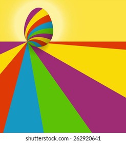 Easter egg. Bright striped egg on an iridescent landscape. Vector welcome image.