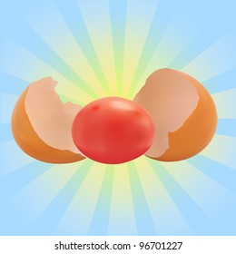 Easter egg in broken shell against beams