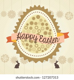 Easter egg with bunnies and flowers. Vector illustration
