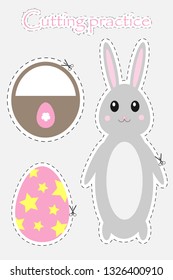 Easter egg, bunny and basket in cartoon style, cutting practice, education game for the development of preschool children, use scissors, cut the images, vector illustration