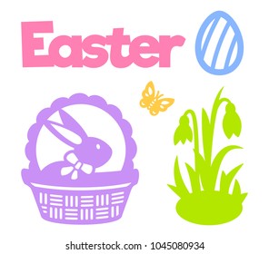 Easter egg, bunny, basket, snowdrop flower, butterfly. Easter icons. Set of spring silhouettes. Template for laser cutting, wood carving, paper cut and printing. Vector illustration for your design.