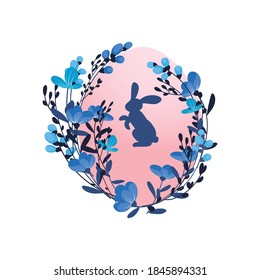 Easter egg with bunny and blue flowers. Vector illustration.