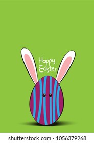 easter egg bunny cartoon style, vector illustration, isolated purple, blue egg on green background.