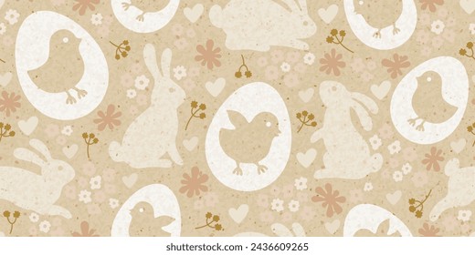 Easter egg, bunny, chicken on craft paper. Beige floral background. Spring seamless pattern with rabbits, flowers, chickens in egg on retro rice paper. Easter craft pattern vector vintage illustration