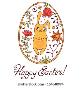 Easter egg with bunny drawn by hand in the style of cartoon. Vector illustration.
