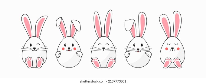 Easter egg with bunny ear and paw. Cute rabbit emoji face icon, cartoon animal character set isolated on white background. Holiday vector illustration