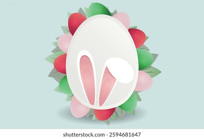 Easter Egg with Bunny Ears and Colorful Eggs Festive. Vector Illustration