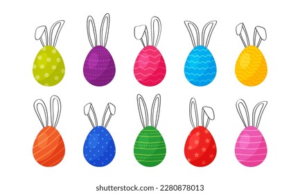 Easter egg with bunny ears, cute rabbit drawn, cartoon funny eggs vector icon, happy animal collection isolated on white background. Colorful illustration