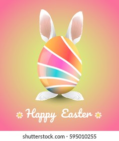 Easter egg with bunny ears and feet on colorful background. Vector illustration.