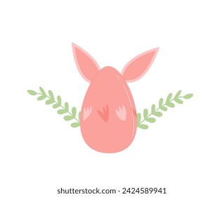 Easter egg with bunny ears and flowers isolated on white background. Painted holiday symbol. Vector flat illustration.