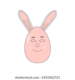 Easter egg with bunny ears isolated on white background. Cute happy pink mascot with spring holiday symbol. Vector flat with outline illustration on pastel color.
