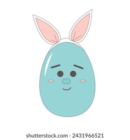 Huevo de Pascua con orejas de conejo aislado sobre fondo blanco. Lindo azul feliz mascota con el símbolo de vacaciones de primavera. Vector plano con ilustración de contorno en color pastel.